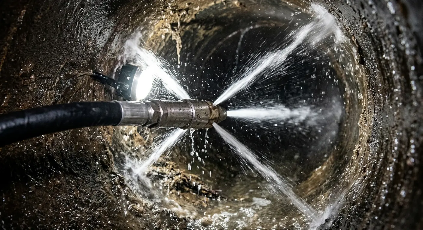 High-pressure hydro jetting nozzle cleaning sewer pipe for Emergency Drain Service in Porterville