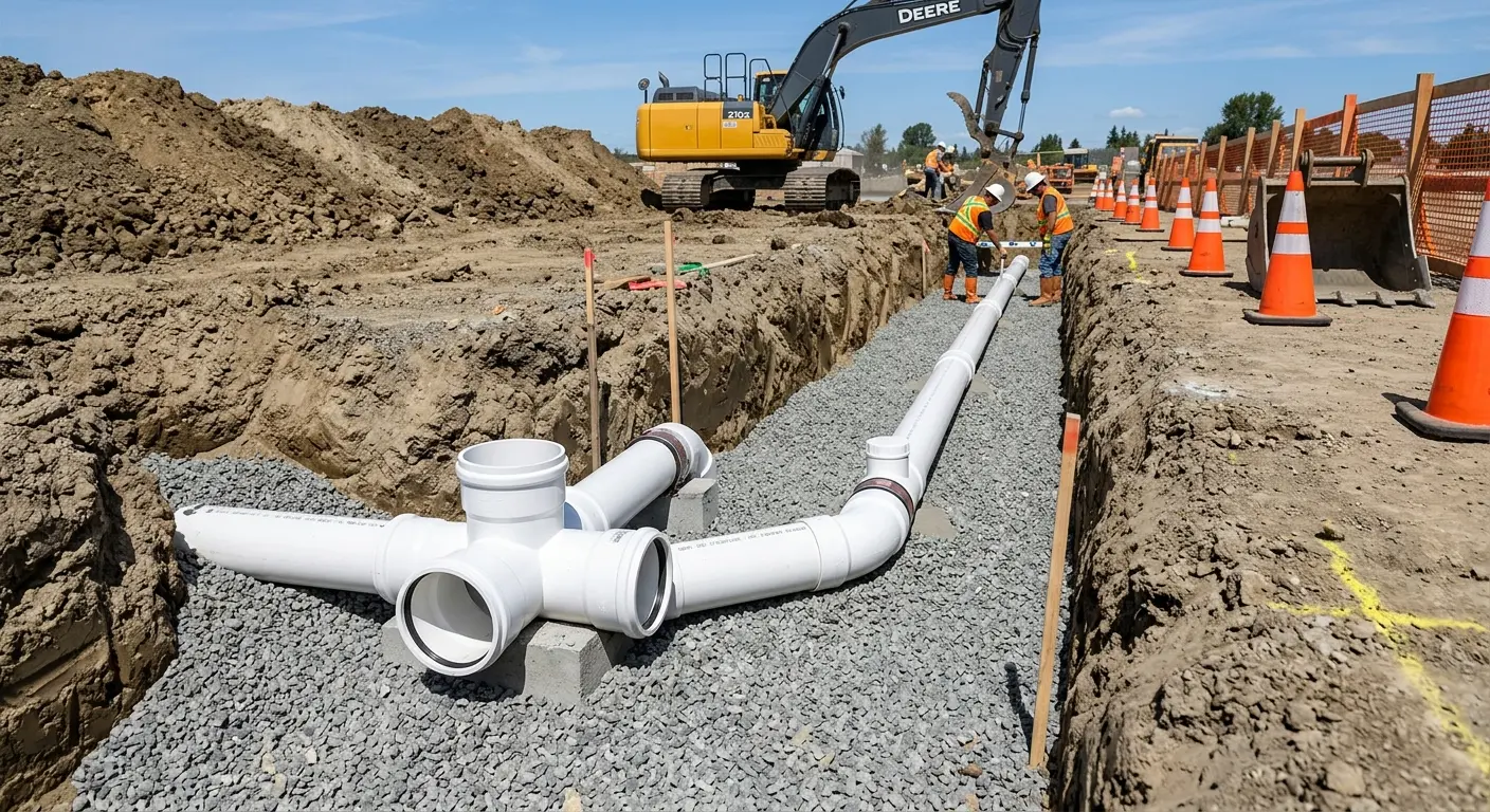 New PVC sewer pipe installation in open trench for Sewer Backup in Porterville