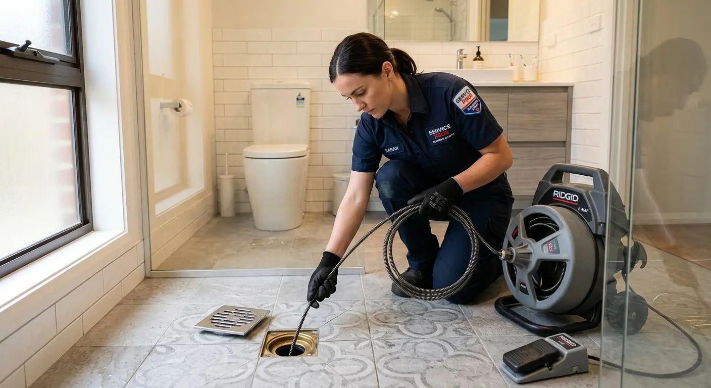 Technician clearing a bathroom floor drain for Sewer Line Replacement in Porterville